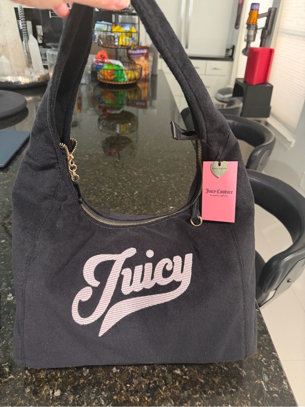 Juicy Couture Black Shoulder Bag with Pink Logo and Gold Hardware